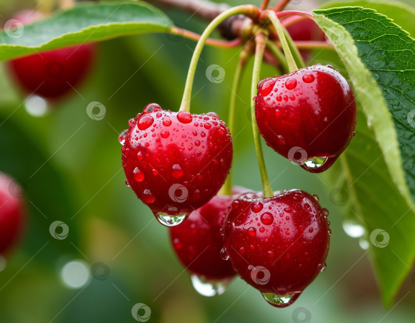 Скачать Спелая вишневая ягода на ветке в саду крупным планом. Сгенерировано искусственным интеллектом. фотосток Ozero