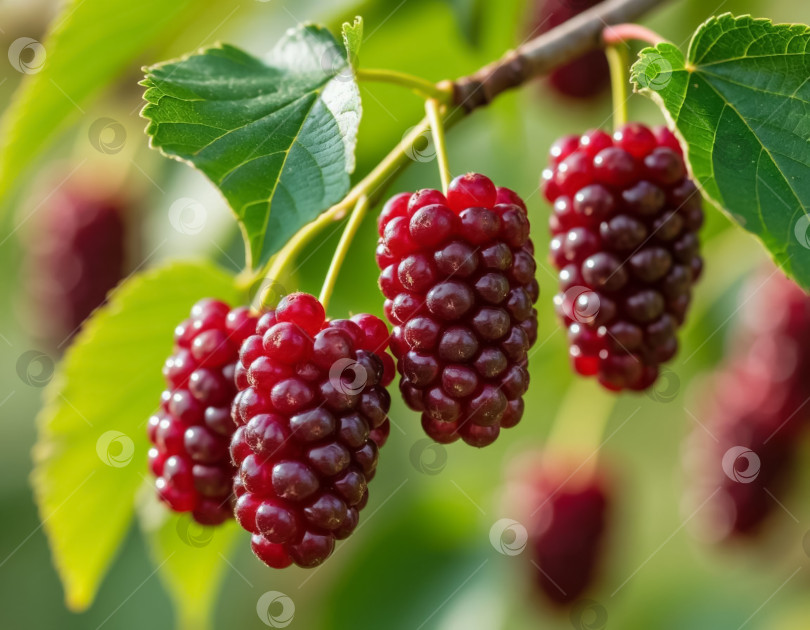 Скачать Ягода шелковицы на ветке крупным планом в саду. Создан искусственный интеллект. фотосток Ozero