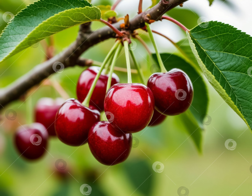 Скачать Спелая вишневая ягода на ветке в саду крупным планом. Сгенерировано искусственным интеллектом. фотосток Ozero