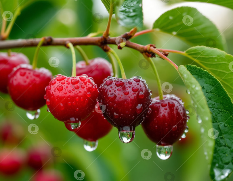 Скачать Спелая вишневая ягода на ветке в саду крупным планом. Сгенерировано искусственным интеллектом. фотосток Ozero