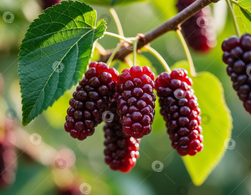 Скачать Ягода шелковицы на ветке крупным планом в саду. Создан искусственный интеллект. фотосток Ozero