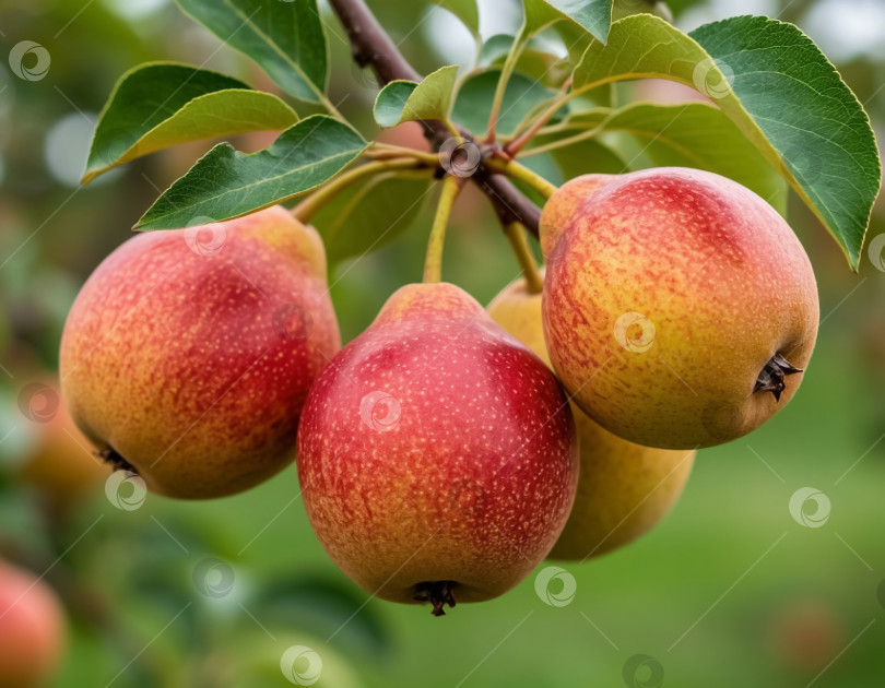 Скачать Груши, созревающие на ветке, крупным планом в саду. Сельское хозяйство. Создано искусственным интеллектом. фотосток Ozero