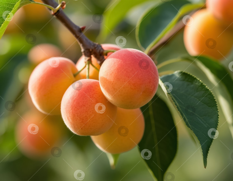 Скачать Спелые абрикосы на ветке в саду крупным планом. Сгенерировано искусственным интеллектом. фотосток Ozero