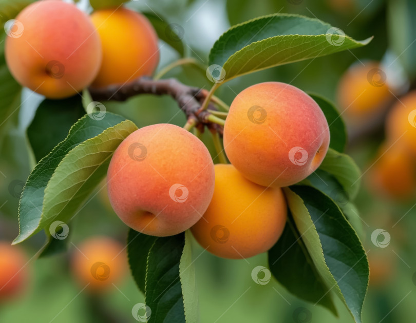 Скачать Спелые абрикосы на ветке в саду крупным планом. Сгенерировано искусственным интеллектом. фотосток Ozero