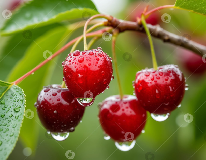 Скачать Спелая вишневая ягода на ветке в саду крупным планом. Сгенерировано искусственным интеллектом. фотосток Ozero