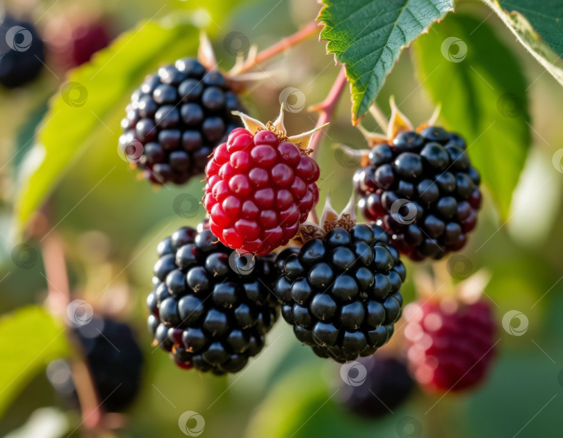 Скачать Спелая ежевика в саду крупным планом. Создано искусственным интеллектом. фотосток Ozero