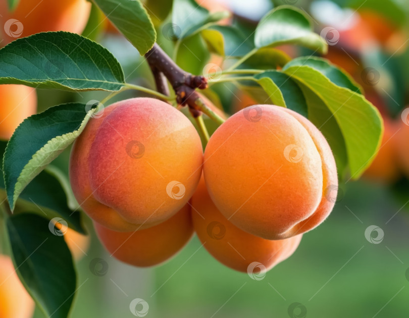 Скачать Спелые абрикосы на ветке в саду крупным планом. Сгенерировано искусственным интеллектом. фотосток Ozero