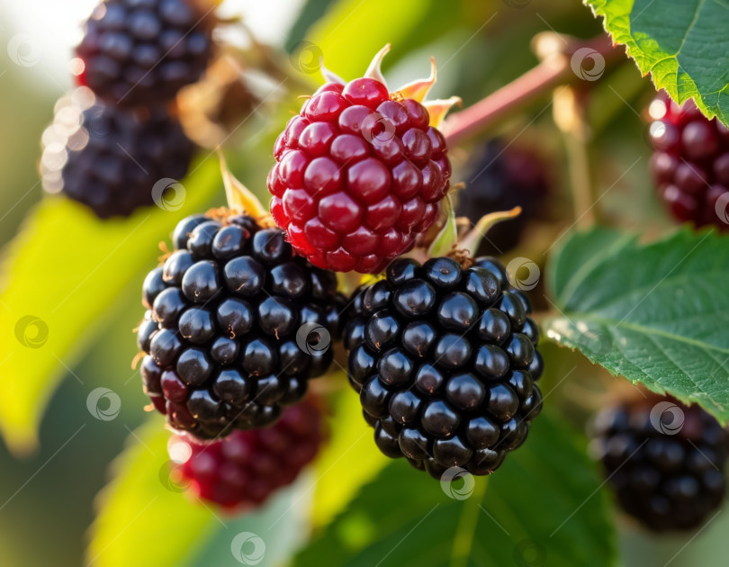 Скачать Спелая ежевика в саду крупным планом. Создано искусственным интеллектом. фотосток Ozero