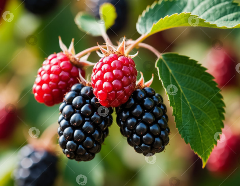 Скачать Спелая ежевика в саду крупным планом. Создано искусственным интеллектом. фотосток Ozero
