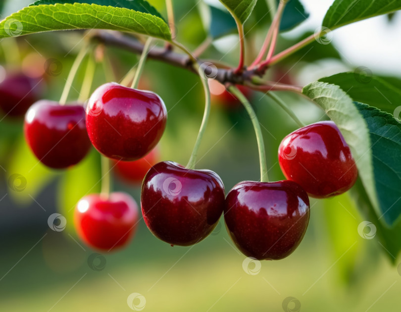 Скачать Спелая вишневая ягода на ветке в саду крупным планом. Сгенерировано искусственным интеллектом. фотосток Ozero