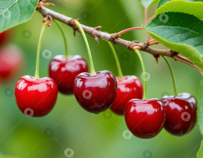 Скачать Спелая вишневая ягода на ветке в саду крупным планом. Сгенерировано искусственным интеллектом. фотосток Ozero