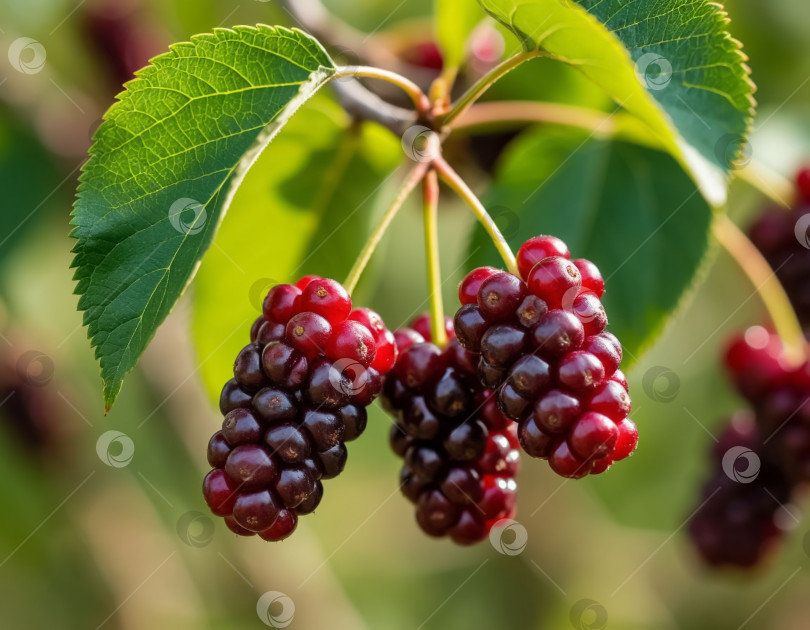 Скачать Ягода шелковицы на ветке крупным планом в саду. Создан искусственный интеллект. фотосток Ozero
