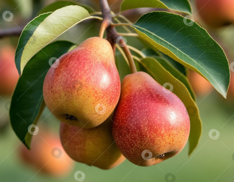 Скачать Груши, созревающие на ветке, крупным планом в саду. Сельское хозяйство. Создано искусственным интеллектом. фотосток Ozero
