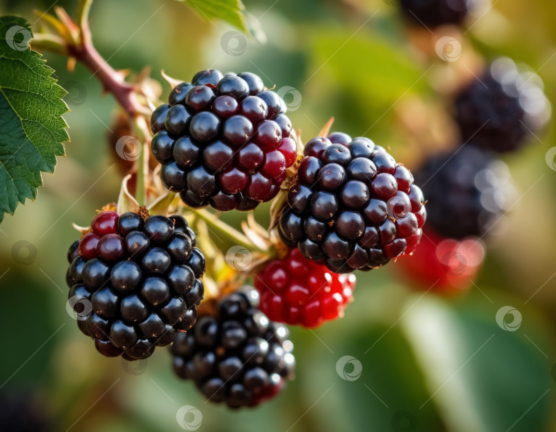 Скачать Спелая ежевика в саду крупным планом. Создано искусственным интеллектом. фотосток Ozero