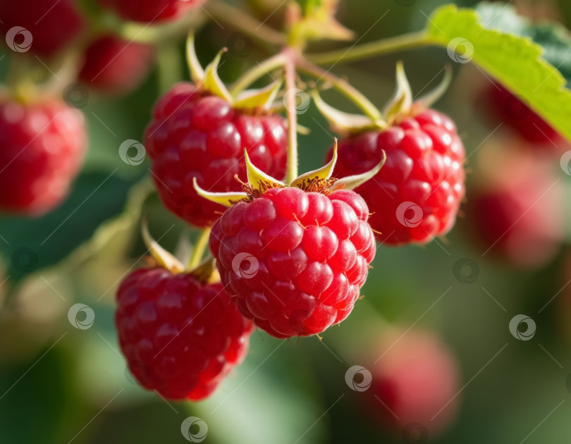 Скачать Крупный план спелой малины в саду. Создано искусственным интеллектом. фотосток Ozero