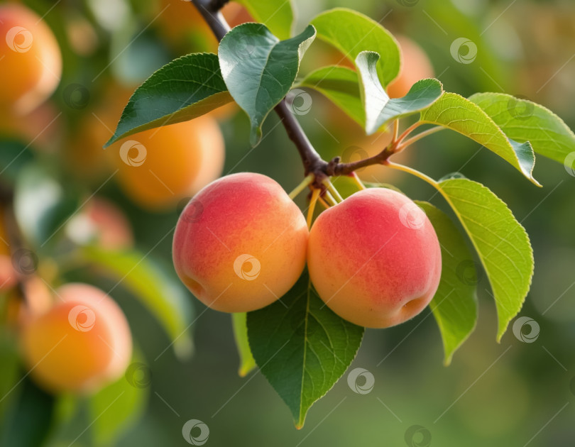 Скачать Спелые абрикосы на ветке в саду крупным планом. Сгенерировано искусственным интеллектом. фотосток Ozero