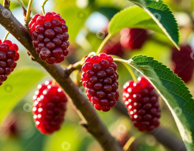 Скачать Ягода шелковицы на ветке крупным планом в саду. Создан искусственный интеллект. фотосток Ozero