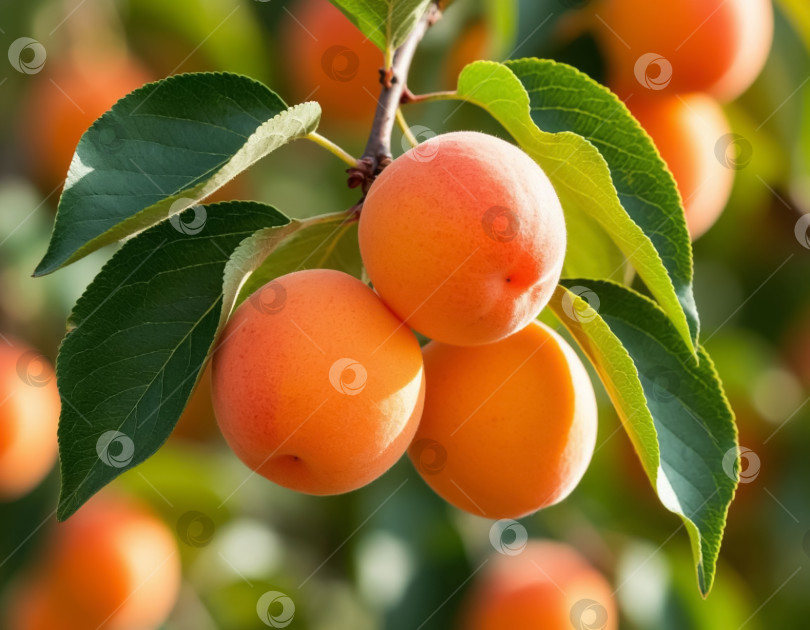 Скачать Спелые абрикосы на ветке в саду крупным планом. Сгенерировано искусственным интеллектом. фотосток Ozero