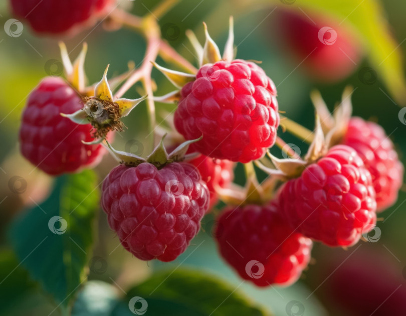 Скачать Крупный план спелой малины в саду. Создано искусственным интеллектом. фотосток Ozero