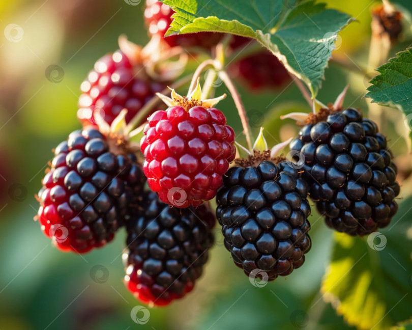 Скачать Спелая ежевика в саду крупным планом. Создано искусственным интеллектом. фотосток Ozero