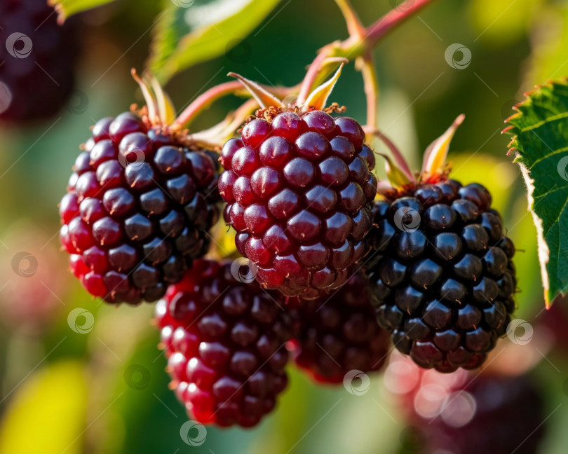 Скачать Спелая ежевика в саду крупным планом. Создано искусственным интеллектом. фотосток Ozero