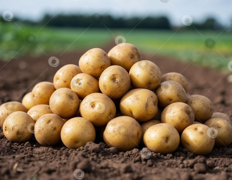 Скачать Груда картофеля на фоне фермерского поля, крупный план. Создан искусственный интеллект. фотосток Ozero