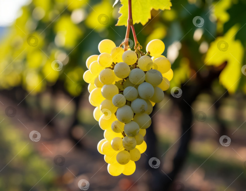 Скачать Гроздь белого винограда на винограднике крупным планом. Сельское хозяйство и виноделие. Создано с помощью искусственного интеллекта. фотосток Ozero