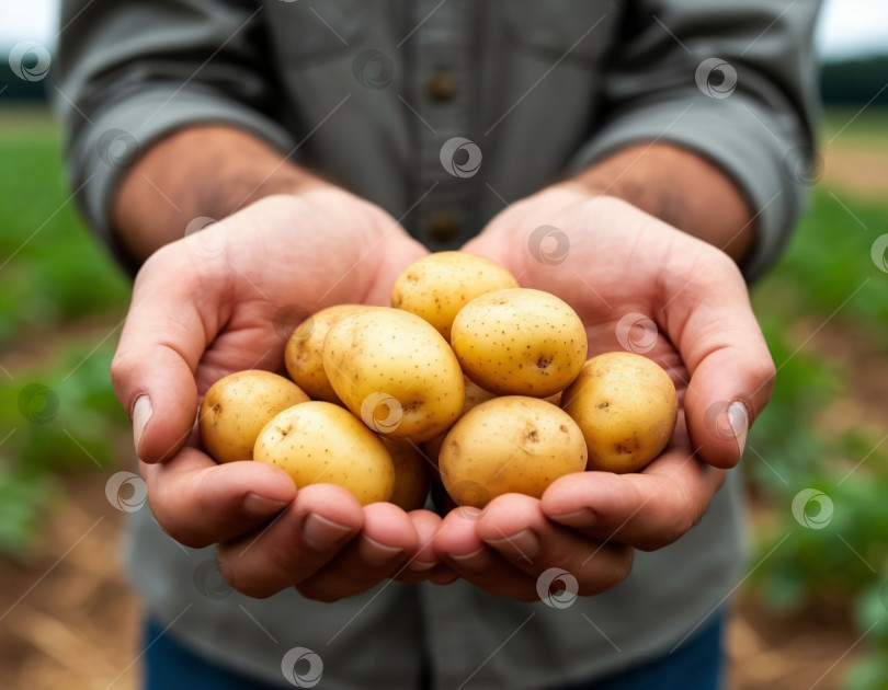 Скачать Картофель в руках фермера крупным планом. Создан искусственный интеллект. фотосток Ozero