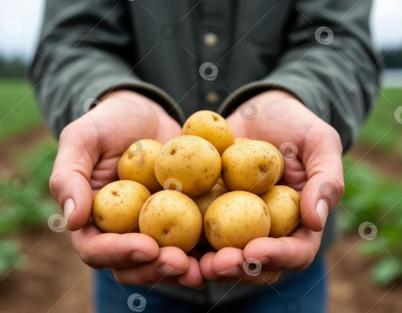 Скачать Картофель в руках фермера крупным планом. Создан искусственный интеллект. фотосток Ozero
