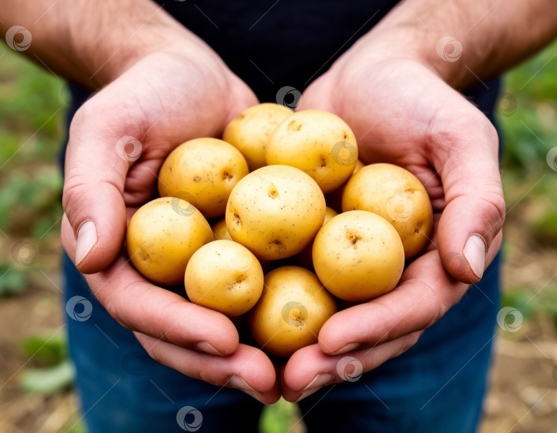 Скачать Картофель в руках фермера крупным планом. Создан искусственный интеллект. фотосток Ozero