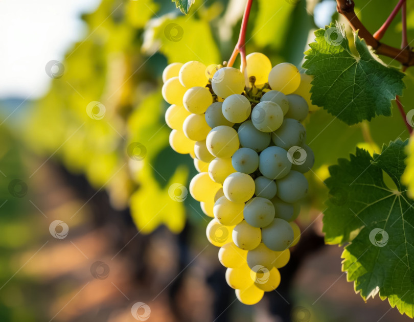 Скачать Гроздь белого винограда на винограднике крупным планом. Сельское хозяйство и виноделие. Создано с помощью искусственного интеллекта. фотосток Ozero