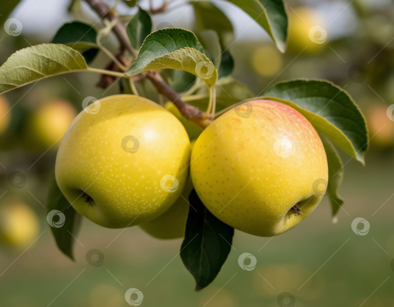 Скачать Желтые яблоки на ветке в саду. Создан искусственный интеллект. фотосток Ozero