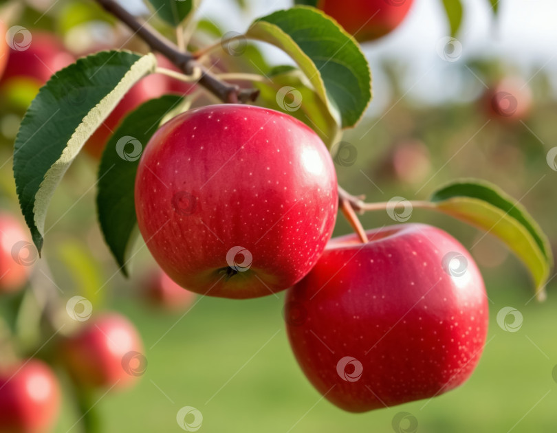 Скачать Красные яблоки на ветке в саду. Создан искусственный интеллект. фотосток Ozero