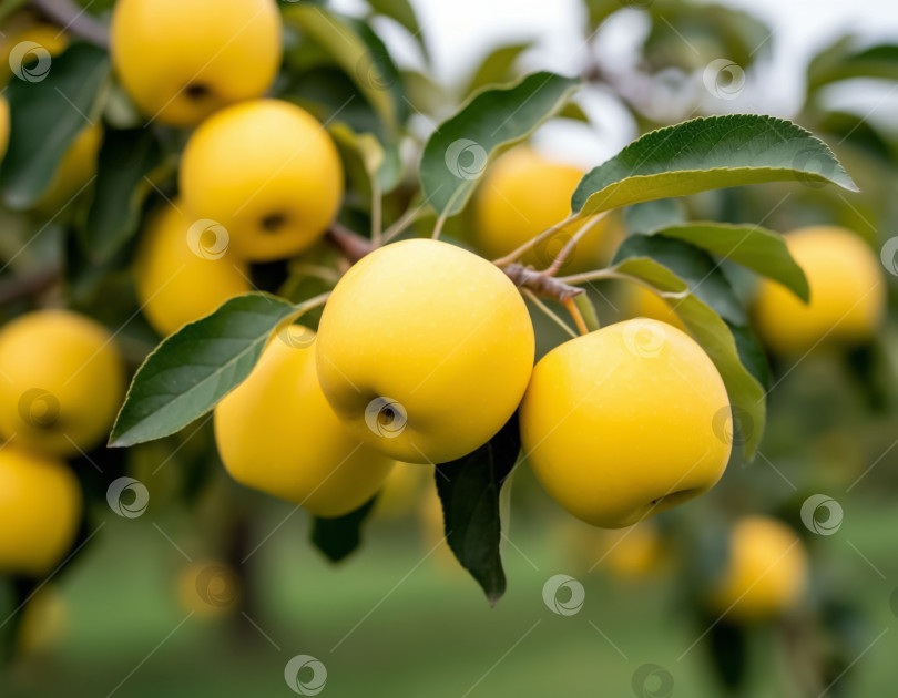 Скачать Желтые яблоки на ветке в саду. Создан искусственный интеллект. фотосток Ozero
