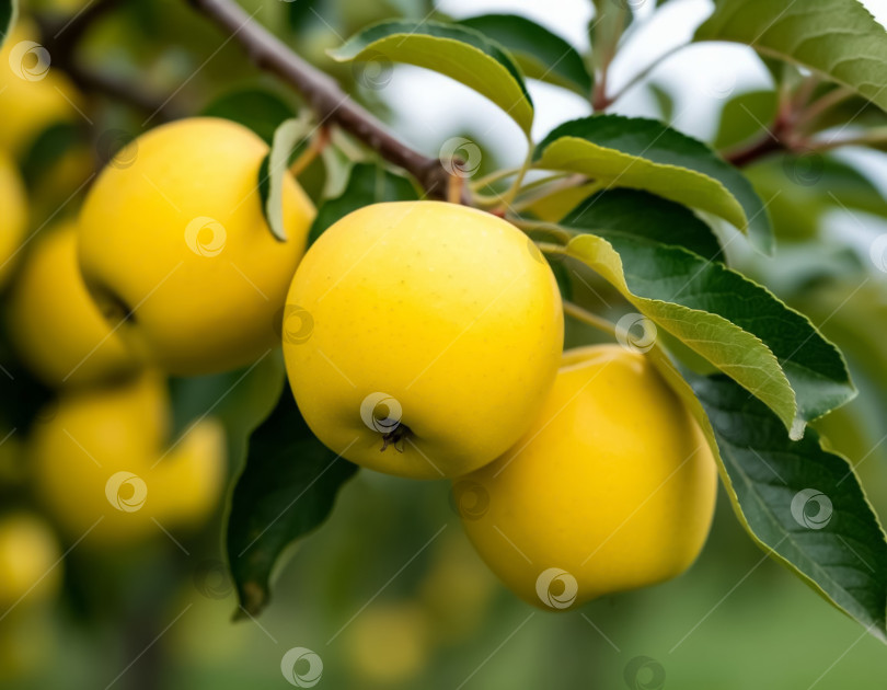 Скачать Желтые яблоки на ветке в саду. Создан искусственный интеллект. фотосток Ozero