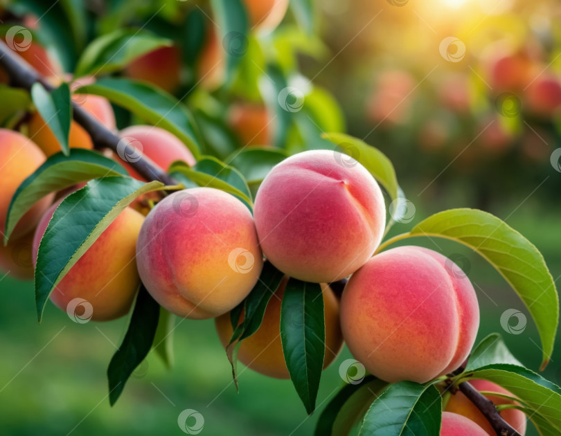 Скачать На ветке в саду созревают персики. Фермерство и агротехника. Создано искусственным интеллектом. фотосток Ozero