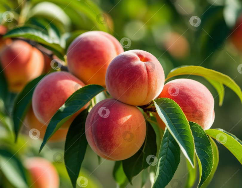 Скачать На ветке в саду созревают персики. Фермерство и агротехника. Создано искусственным интеллектом. фотосток Ozero