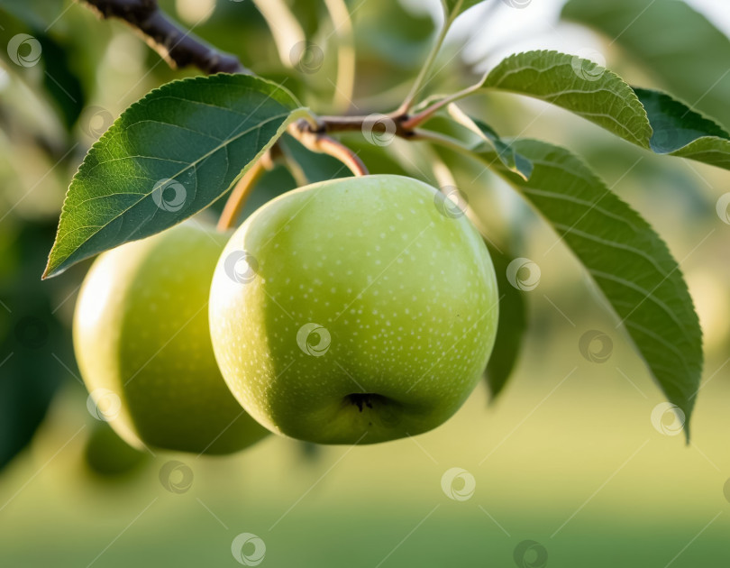 Скачать Зеленые яблоки на ветке в саду. Создан искусственный интеллект. фотосток Ozero