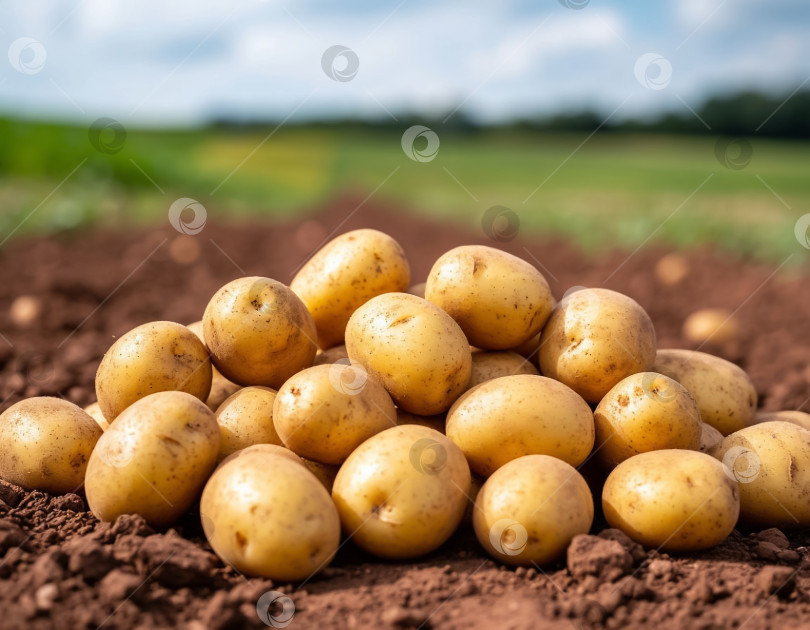 Скачать Груда картофеля на фоне фермерского поля, крупный план. Создан искусственный интеллект. фотосток Ozero