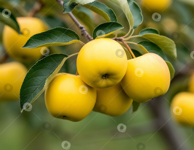 Скачать Желтые яблоки на ветке в саду. Создан искусственный интеллект. фотосток Ozero