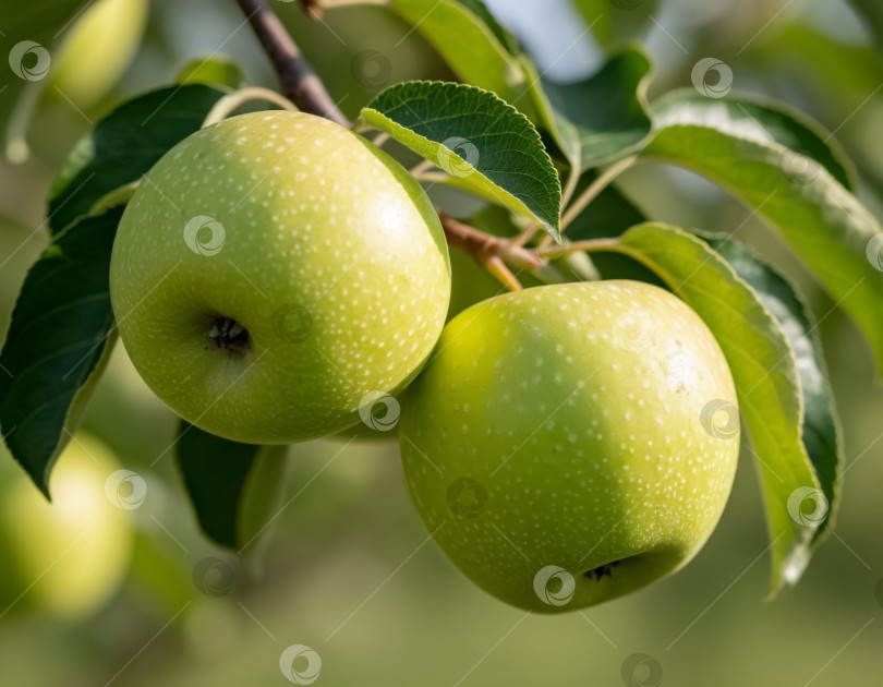 Скачать Зеленые яблоки на ветке в саду. Создан искусственный интеллект. фотосток Ozero