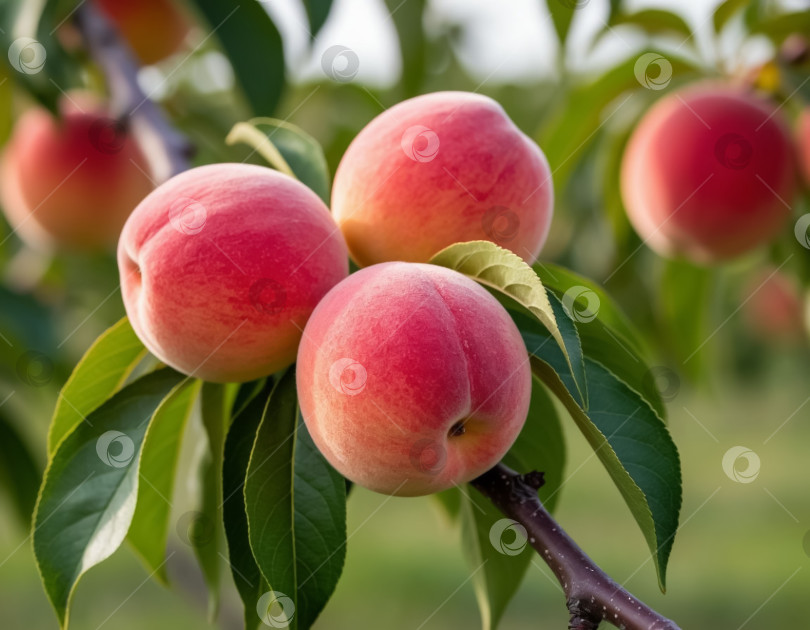 Скачать На ветке в саду созревают персики. Фермерство и агротехника. Создано искусственным интеллектом. фотосток Ozero