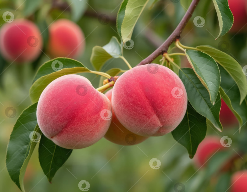 Скачать На ветке в саду созревают персики. Фермерство и агротехника. Создано искусственным интеллектом. фотосток Ozero