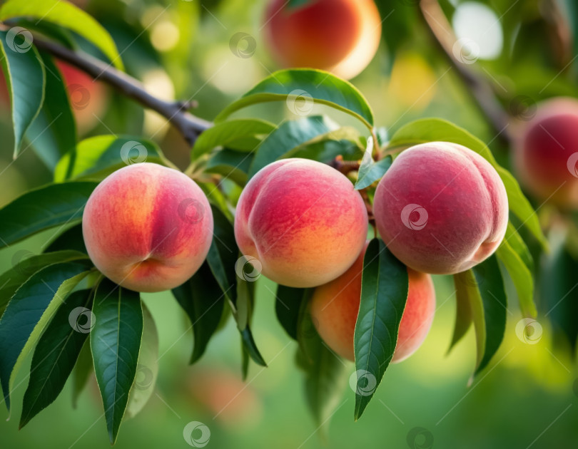 Скачать На ветке в саду созревают персики. Фермерство и агротехника. Создано искусственным интеллектом. фотосток Ozero