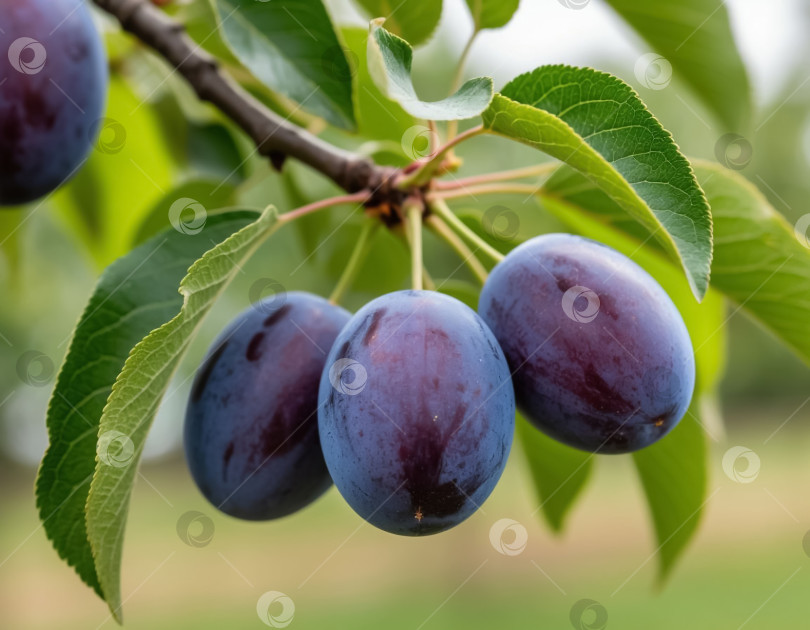 Скачать Спелые сливы на ветке в саду. Создано искусственным интеллектом. фотосток Ozero