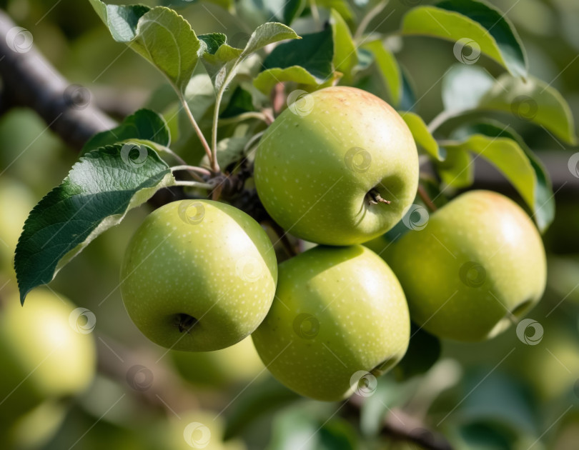Скачать Зеленые яблоки на ветке в саду. Создан искусственный интеллект. фотосток Ozero