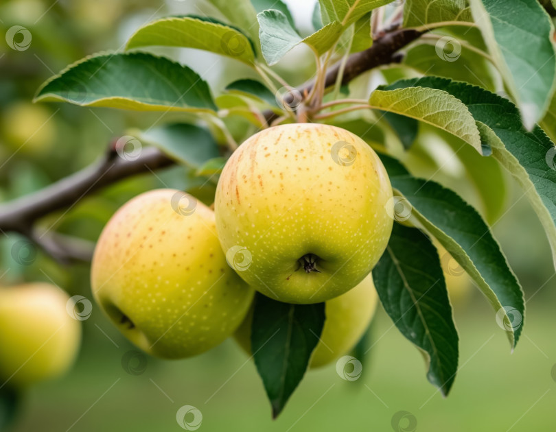 Скачать Желтые яблоки на ветке в саду. Создан искусственный интеллект. фотосток Ozero