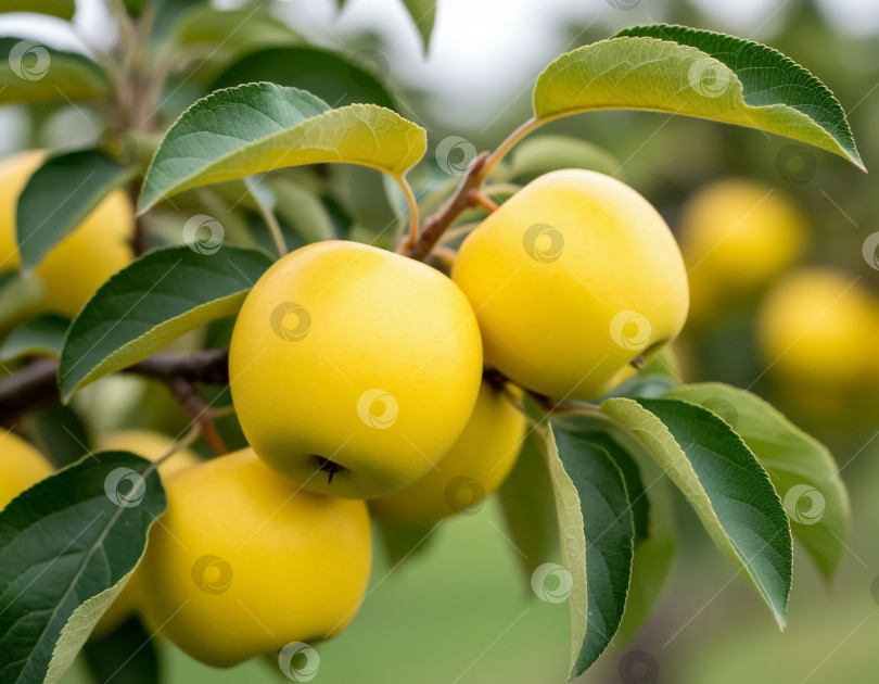 Скачать Желтые яблоки на ветке в саду. Создан искусственный интеллект. фотосток Ozero