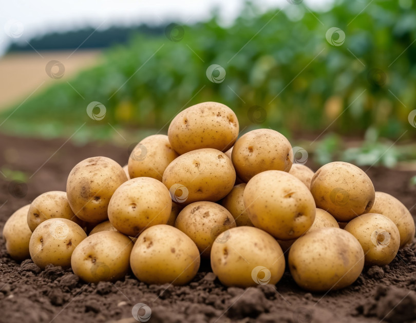 Скачать Груда картофеля на фоне фермерского поля, крупный план. Создан искусственный интеллект. фотосток Ozero