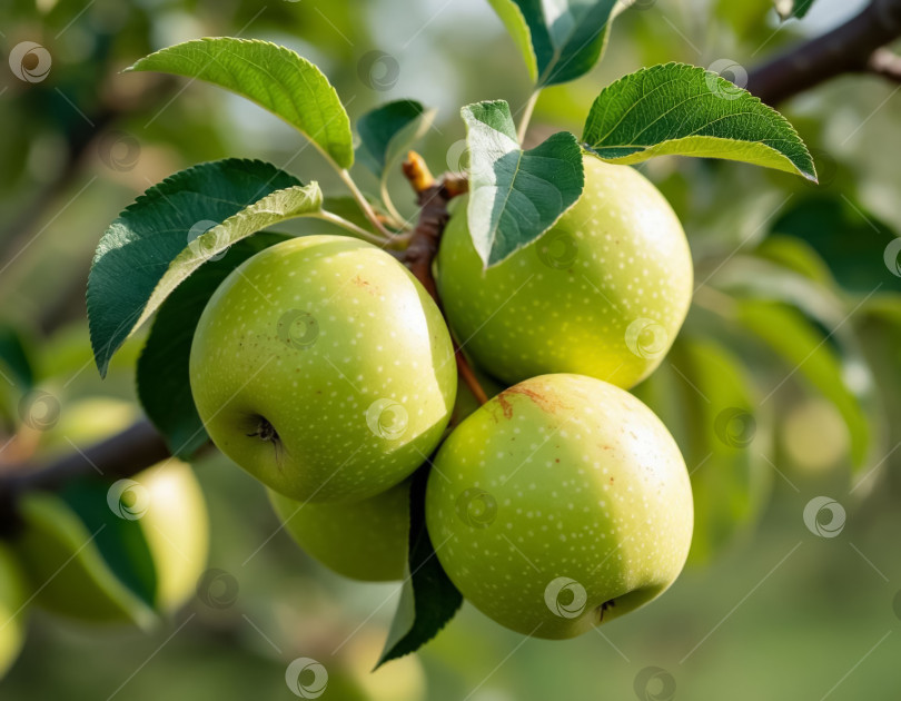 Скачать Зеленые яблоки на ветке в саду. Создан искусственный интеллект. фотосток Ozero